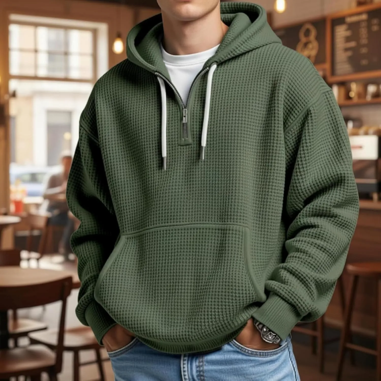 Мужской свитер с капюшоном на молнии и шнурке
Мужской свитер с капюшоном на молнии и шнурке