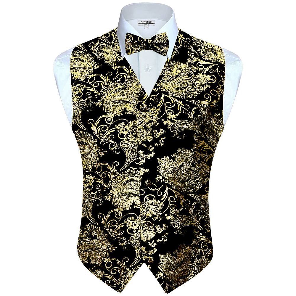 Мужской формальный жилет Gioberti из 4 предметов с узором пейсли, галстук-бабочка и нагрудный платок, цвет Metallic Black Gold
Мужской формальный жилет Gioberti из 4 предметов с узором пейсли, галстук-бабочка и нагрудный платок, цвет Metallic Black Gold