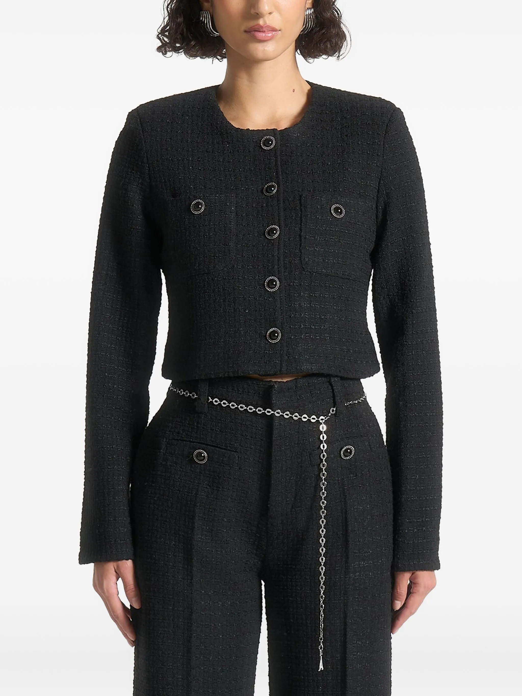 Укороченный твидовый жакет Celine с жемчугом Manière De Voir, черный
Укороченный твидовый жакет Celine с жемчугом Manière De Voir, черный