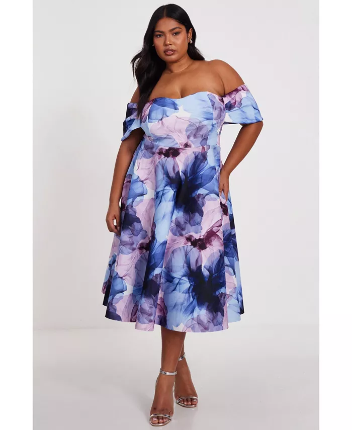 Платье-миди с лифом размера плюс с цветочным принтом и вырезом-лодочкой QUIZ, синий 
Платье-миди с лифом размера плюс с цветочным принтом и вырезом-лодочкой QUIZ, синий