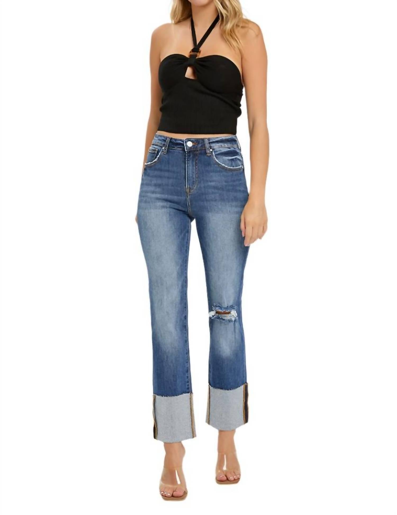 Высокие прямые джинсы с широкими манжетами голубого цвета RISEN 
Высокие прямые джинсы с широкими манжетами голубого цвета RISEN