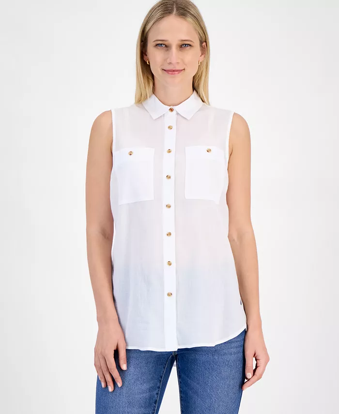 Женская хлопковая однотонная рубашка без рукавов Nautica Jeans, белый 
Женская хлопковая однотонная рубашка без рукавов Nautica Jeans, белый