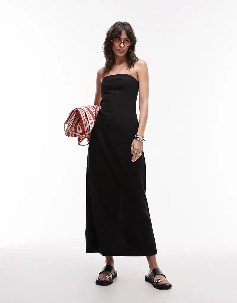 Платье-бандо миди Topshop из смеси льна с плотными швами, черного цвета 
Платье-бандо миди Topshop из смеси льна с плотными швами, черного цвета