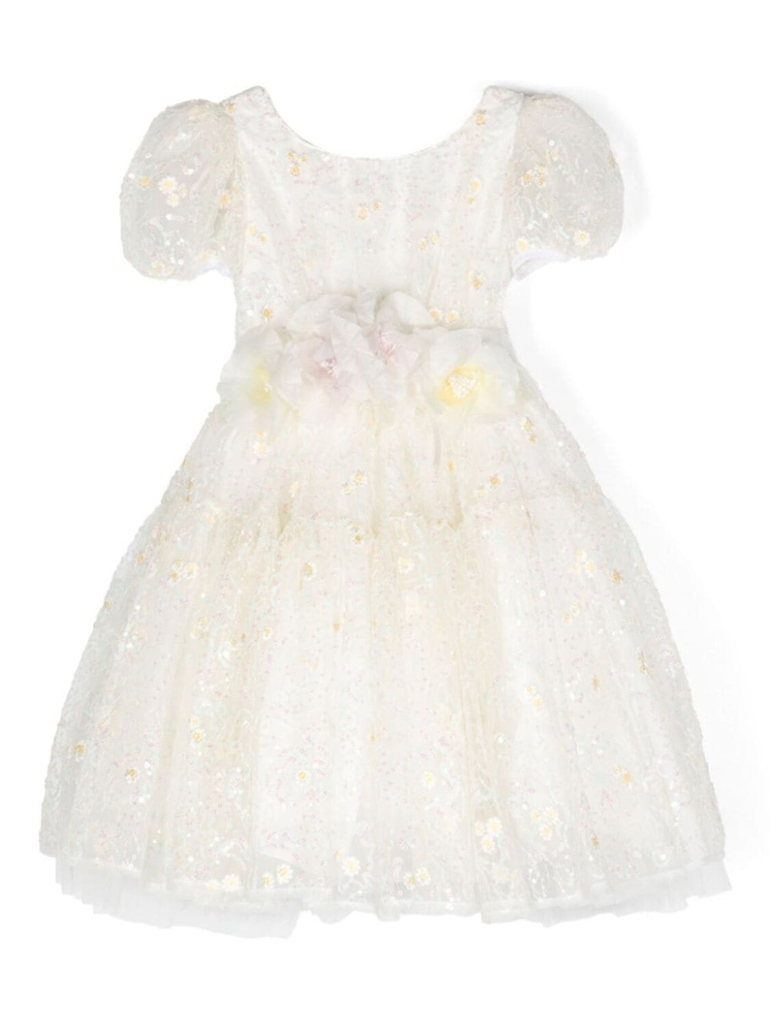 Расклешенное платье мини с цветочной аппликацией Monnalisa, белый