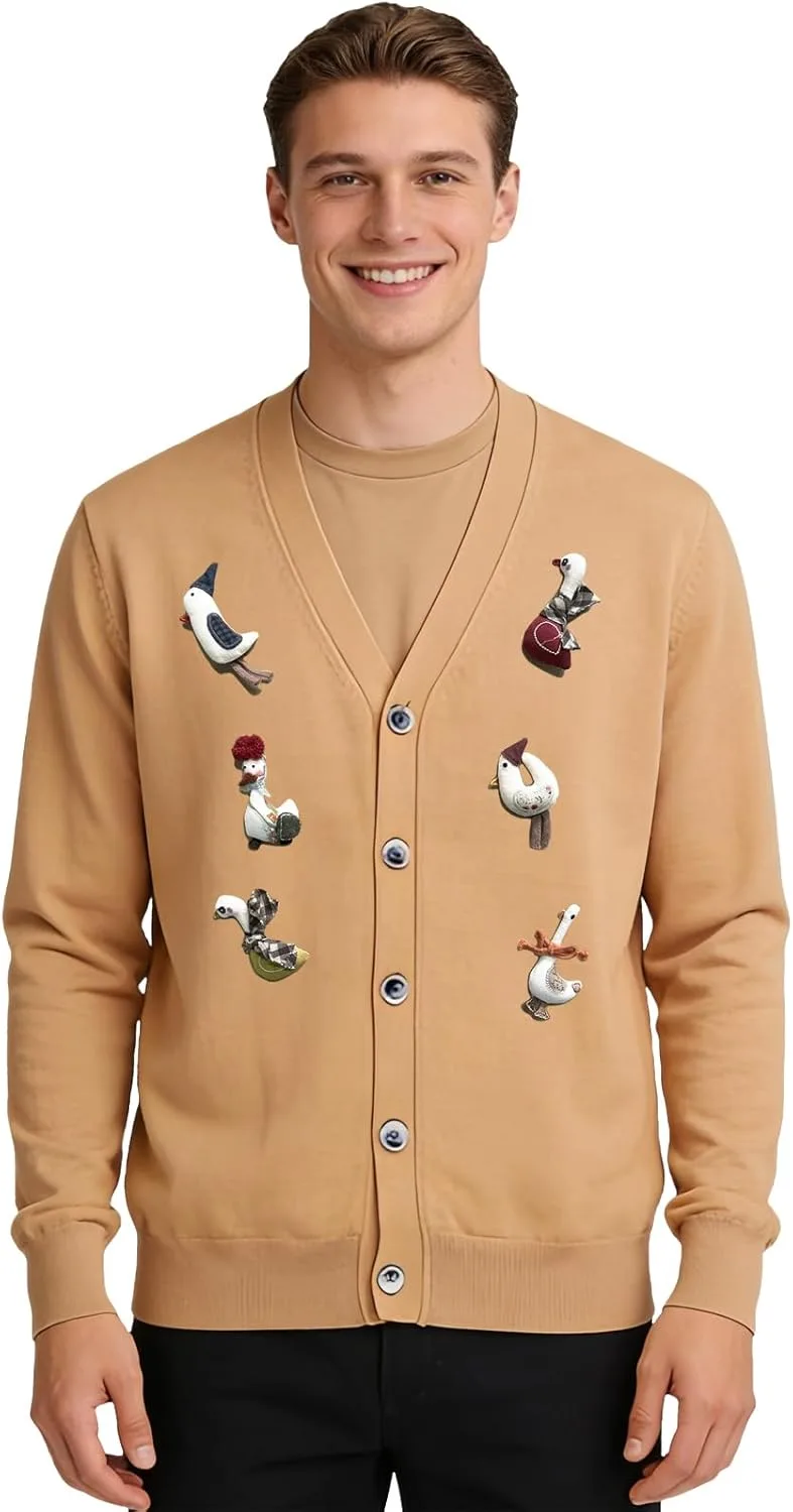 Мужской кардиган из шерсти с 3D брошью в виде гуся, V-образный вырез BreakEgg
Мужской кардиган из шерсти с 3D брошью в виде гуся, V-образный вырез BreakEgg