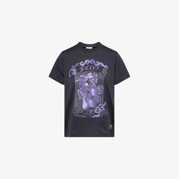 Вышитая футболка Ganni из хлопкового джерси, черный/фиолетовый
Вышитая футболка Ganni из хлопкового джерси, черный/фиолетовый