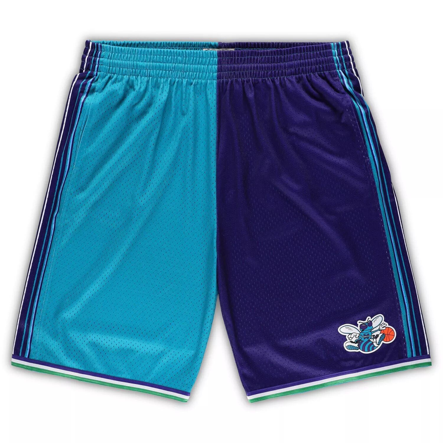 Мужские шорты Mitchell & Ness бирюзового/фиолетового цвета Charlotte Hornets Big & Tall из твердой древесины, классические шорты Swingman с разрезом