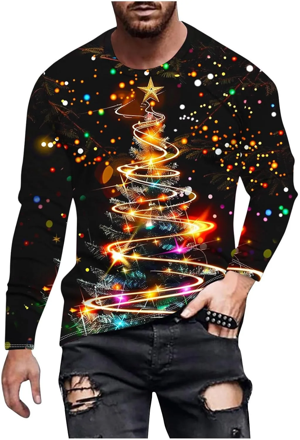 Мужская футболка с длинным рукавом и принтом в виде рождественской елки
Мужская футболка с длинным рукавом и принтом в виде рождественской елки