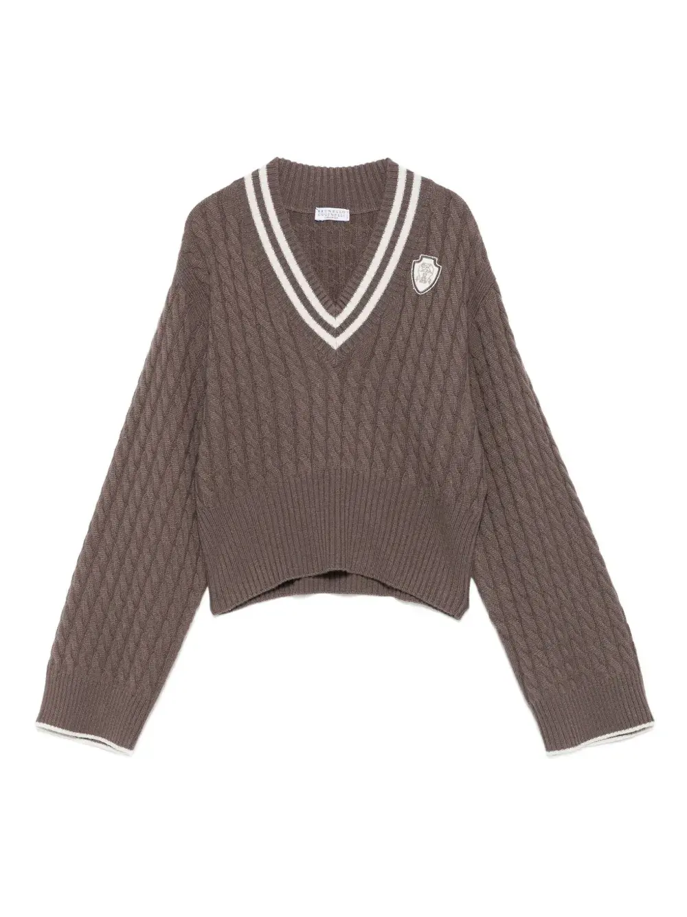 Свитер фактурной вязки с V-образным вырезом Brunello Cucinelli, коричневый
Свитер фактурной вязки с V-образным вырезом Brunello Cucinelli, коричневый