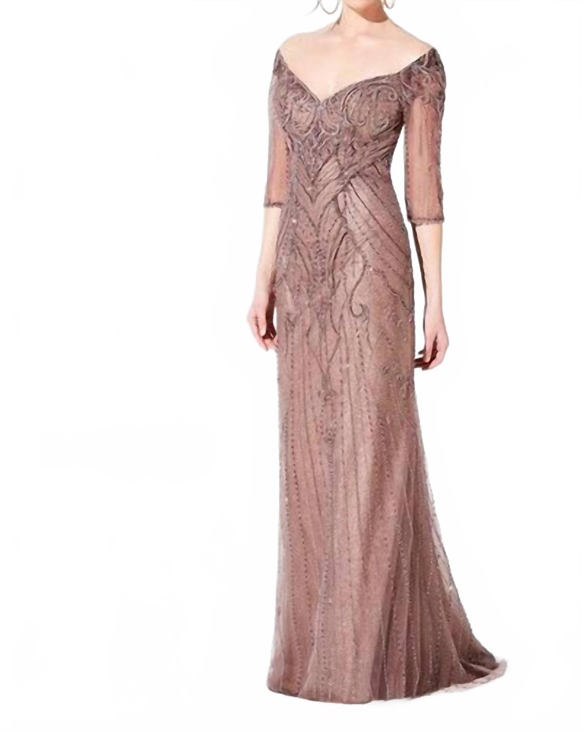 Off Shoulder Beaded Sheath Gown In Dark Mink Ivonne D, Dark Mink 
Off Shoulder Beaded Sheath Gown In Dark Mink Ivonne D, Dark Mink