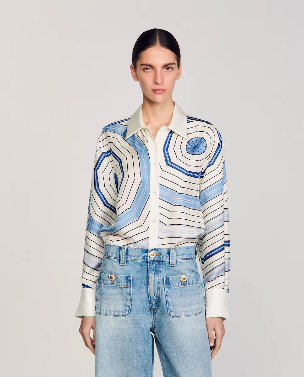 Женская шелковая рубашка с завитками Sandro, светло-голубой
Женская шелковая рубашка с завитками Sandro, светло-голубой