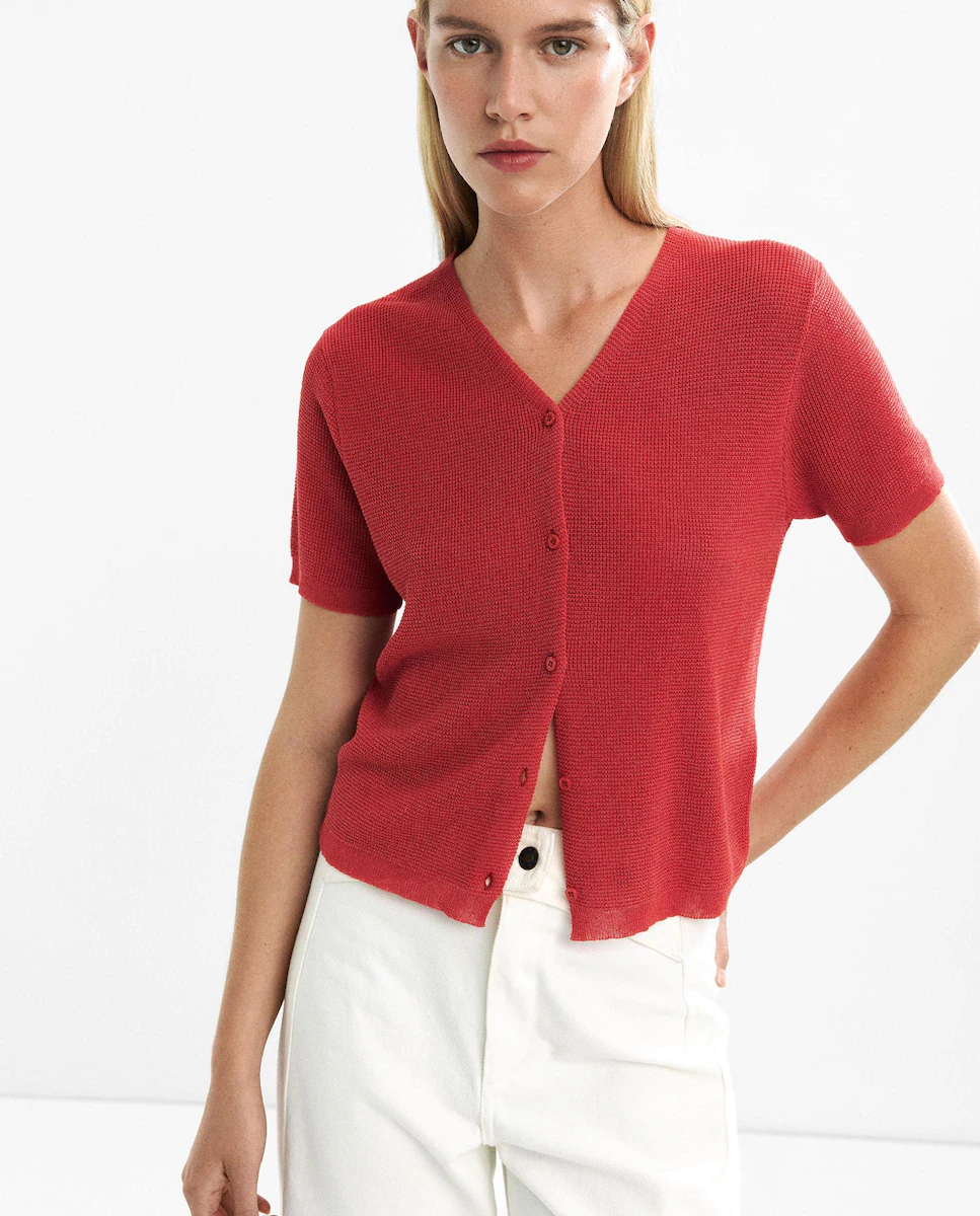 Женский короткий рукав кардиган из трикотажа Parfois, красный 
Женский короткий рукав кардиган из трикотажа Parfois, красный