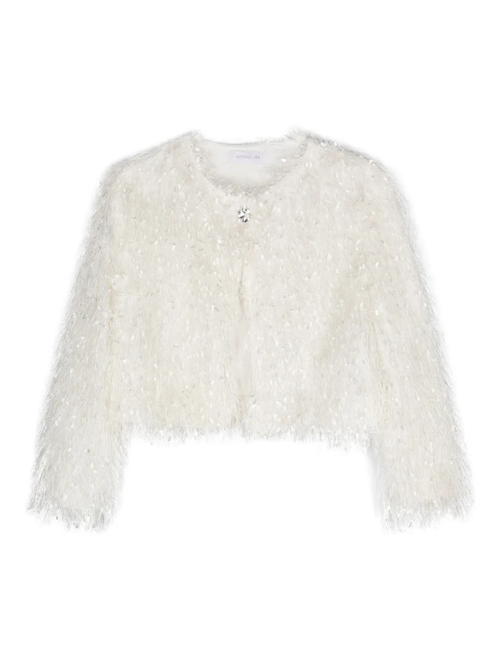 Жакет с круглым вырезом и бахромой Monnalisa, белый 
Жакет с круглым вырезом и бахромой Monnalisa, белый