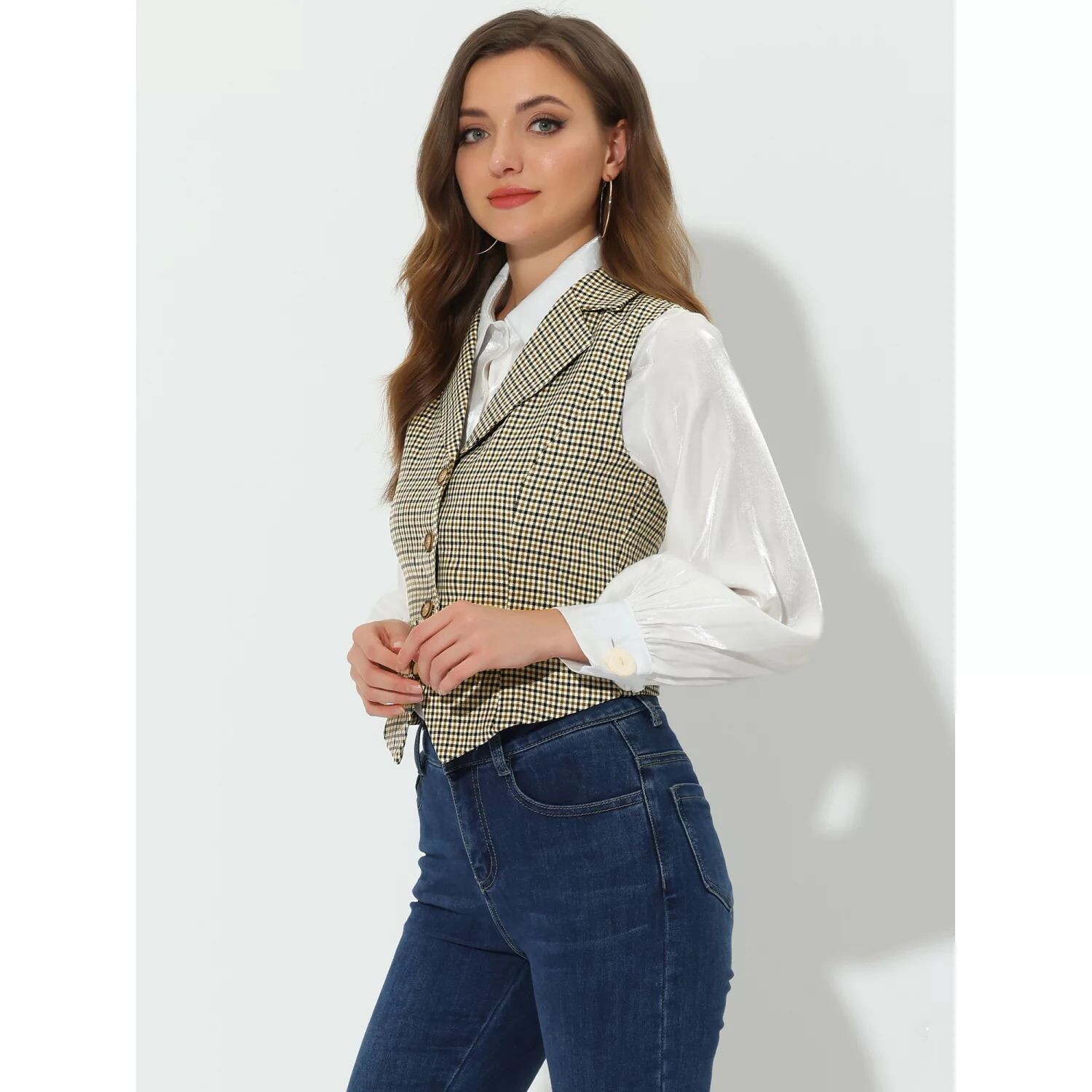 Женский клетчатый жилет с зубчатым воротником и лацканами, однобортный винтажный жилет ALLEGRA K, коричневый
Женский клетчатый жилет с зубчатым воротником и лацканами, однобортный винтажный жилет ALLEGRA K, коричневый