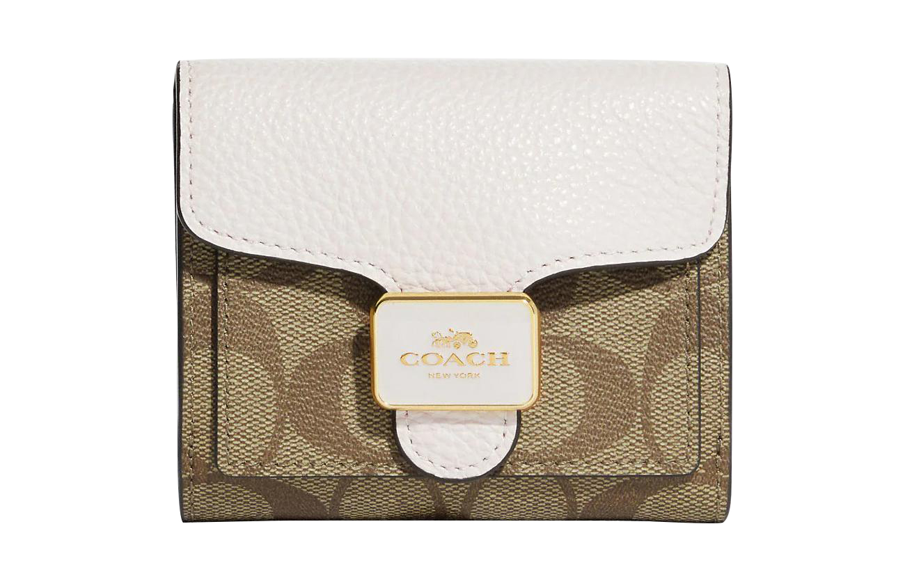 COACH Женский бумажник с кардхолдером из перфорированной кожи и текстурированного холста в цвете хаки и белом
COACH Женский бумажник с кардхолдером из перфорированной кожи и текстурированного холста в цвете хаки и белом