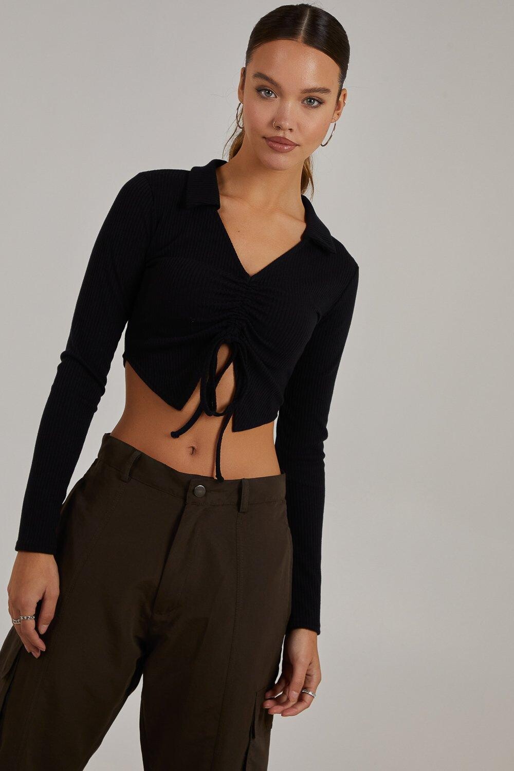 Топ в рубчик со сборками и длинными рукавами Pink Vanilla, черный
Топ в рубчик со сборками и длинными рукавами Pink Vanilla, черный