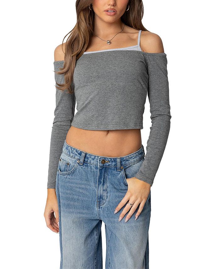 Многослойный топ с длинными рукавами и открытыми плечами Edikted, серый 
Многослойный топ с длинными рукавами и открытыми плечами Edikted, серый