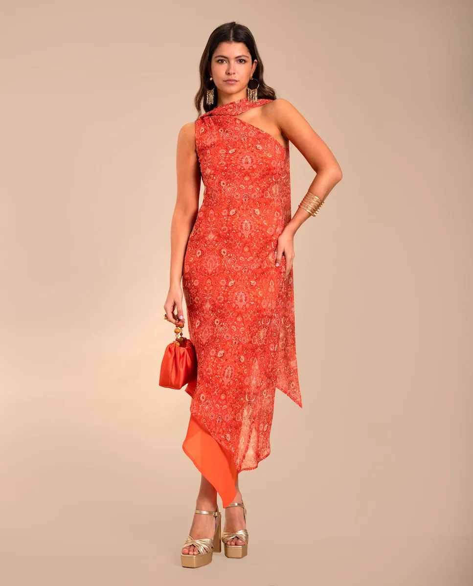 Асимметричное платье миди с шарфом The-Are, оранжевый
Асимметричное платье миди с шарфом The-Are, оранжевый