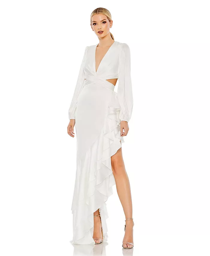 Женское асимметричное платье с вырезами и рюшами Mac Duggal, белый 
Женское асимметричное платье с вырезами и рюшами Mac Duggal, белый
