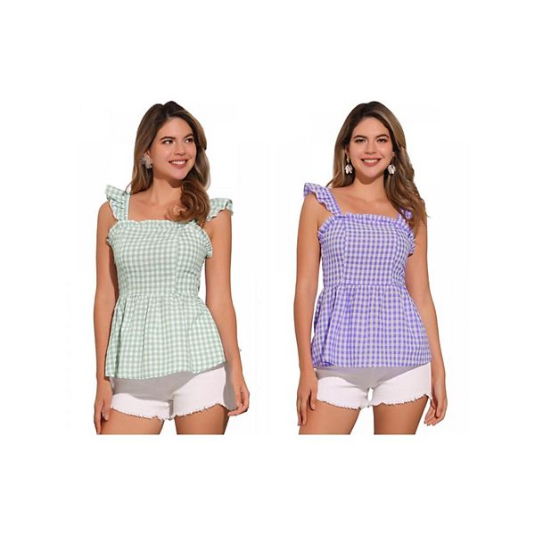 Две упаковки топов с баской для женщин, летняя блузка с квадратным вырезом и без рукавов в клетку Inspire Chic, Light Pea Green Purple
Две упаковки топов с баской для женщин, летняя блузка с квадратным вырезом и без рукавов в клетку Inspire Chic, Light Pea Green Purple