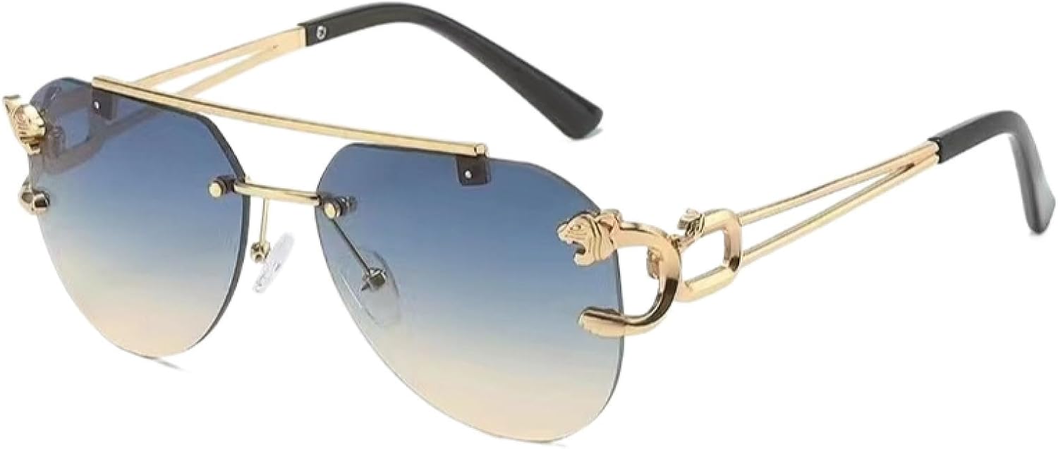 Солнцезащитные очки без оправы с двойной перемычкой для женщин, прозрачные линзы с градиентом цвета «океан», мужские солнцезащитные очки с металлическим леопардовым принтом, защита от УФ-излучения UV400 DSVIGF, Blue Tea
Солнцезащитные очки без оправы с двойной перемычкой для женщин, прозрачные линзы с градиентом цвета «океан», мужские солнцезащитные очки с металлическим леопардовым принтом, защита от УФ-излучения UV400 DSVIGF, Blue Tea