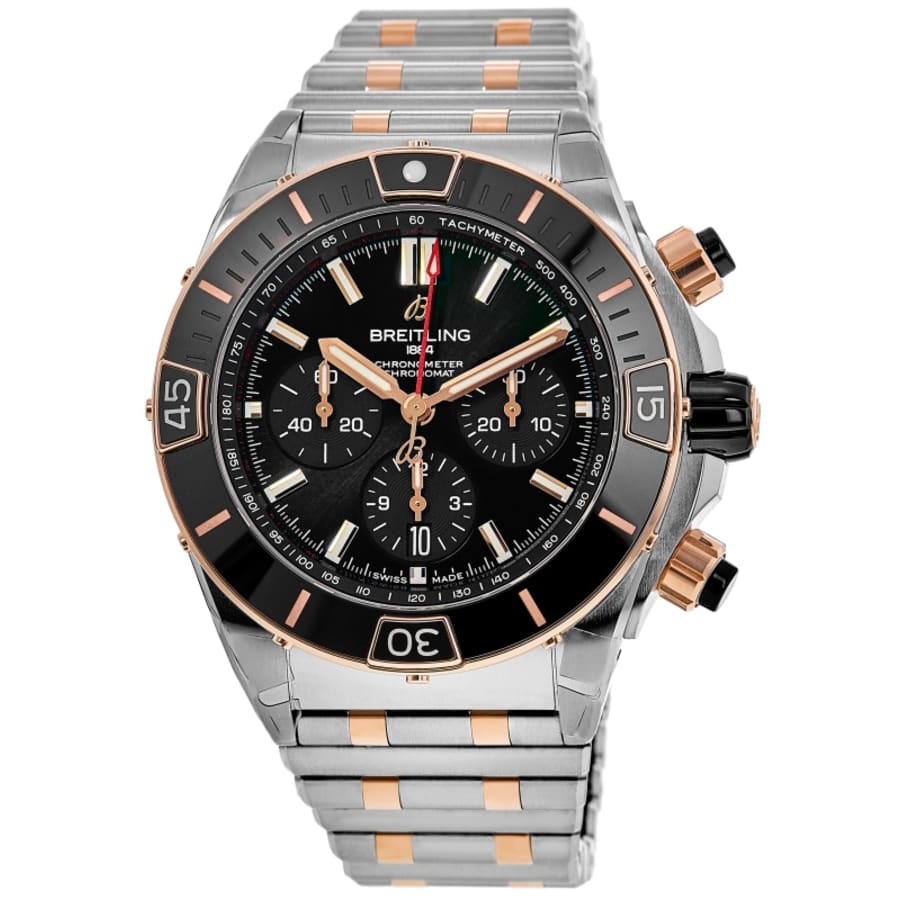 Мужские часы Breitling Super Chronomat B01 44 с автоматическим хронографом, черным циферблатом из 18-каратного розового золота, стальным безелем, UB0136251B1U1
Мужские часы Breitling Super Chronomat B01 44 с автоматическим хронографом, черным циферблатом из 18-каратного розового золота, стальным безелем, UB0136251B1U1