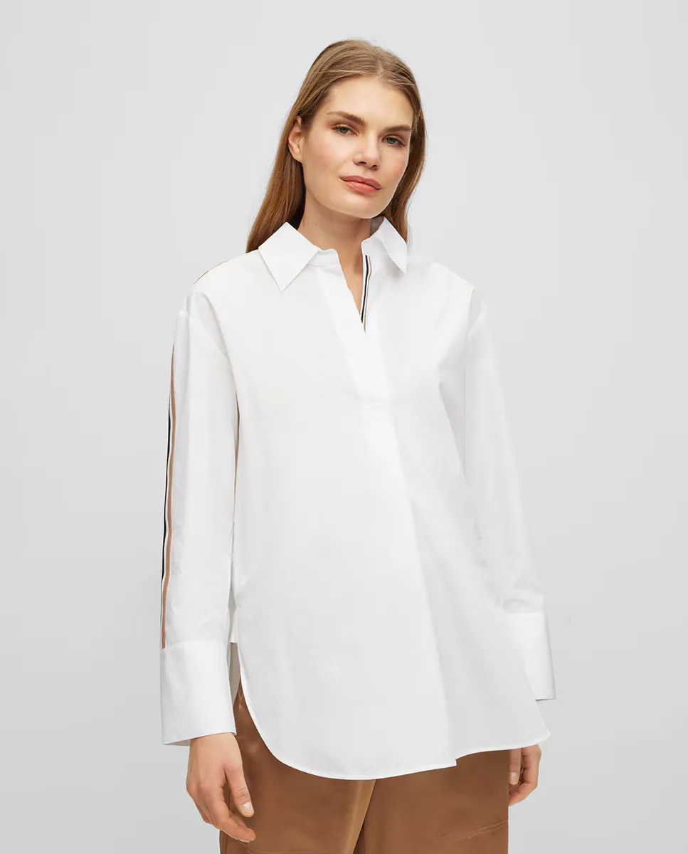 Женская хлопковая блузка прямого кроя с деталями на рукавах Boss, белый
Женская хлопковая блузка прямого кроя с деталями на рукавах Boss, белый