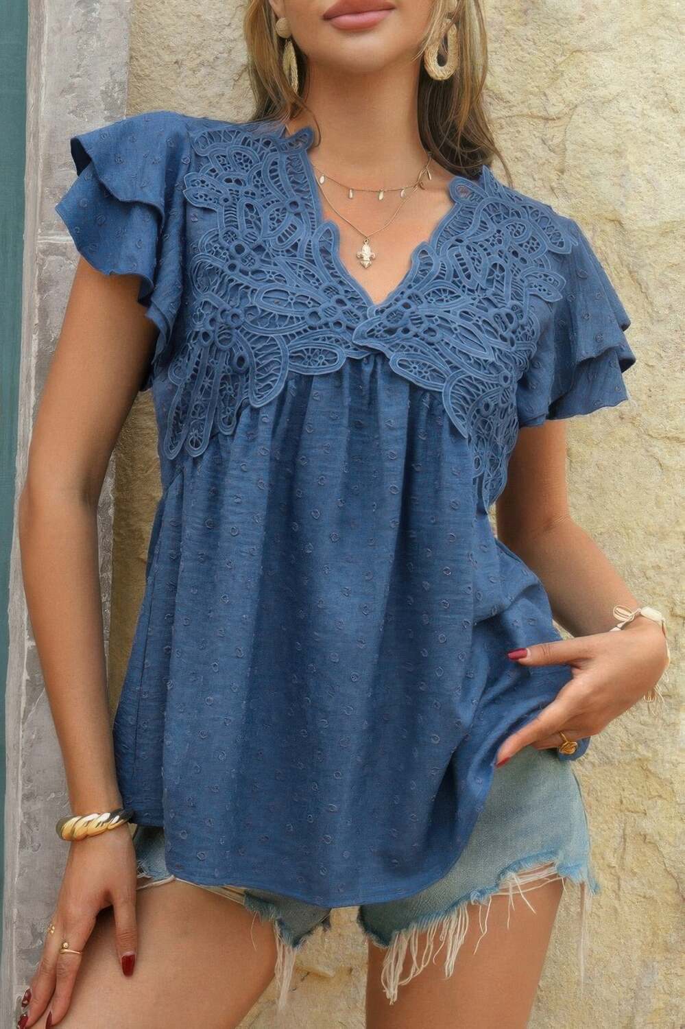 Рубашка с V-образным вырезом, кружевом и оборками в горошек TRUEDAMES, синий
Рубашка с V-образным вырезом, кружевом и оборками в горошек TRUEDAMES, синий