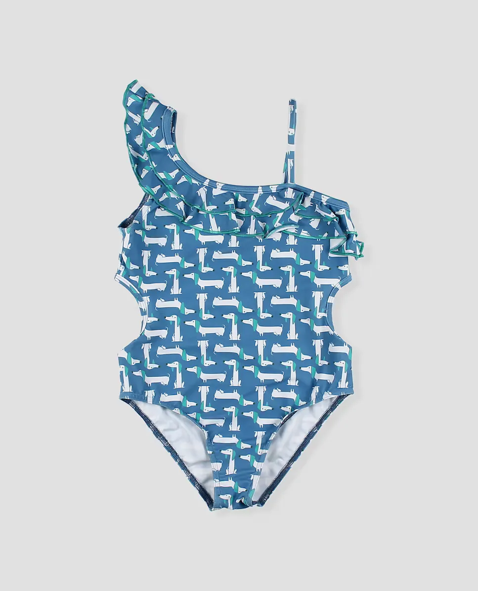 Асимметричный купальник для девочки с принтом щенков Foque, синий
Асимметричный купальник для девочки с принтом щенков Foque, синий