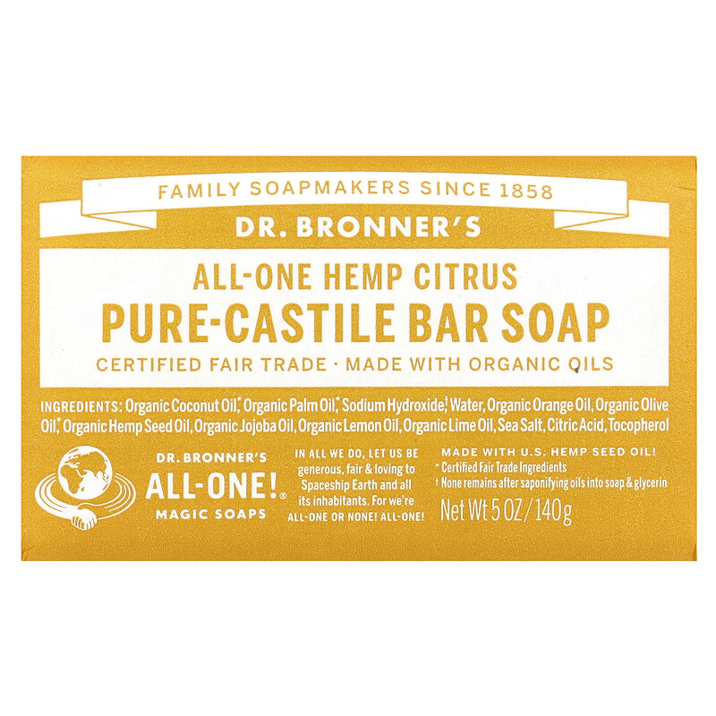 Dr. Bronner's, Чистое кастильское кусковое мыло, конопля и цитрус, 140 г (5 унций)
Dr. Bronner's, Чистое кастильское кусковое мыло, конопля и цитрус, 140 г (5 унций)