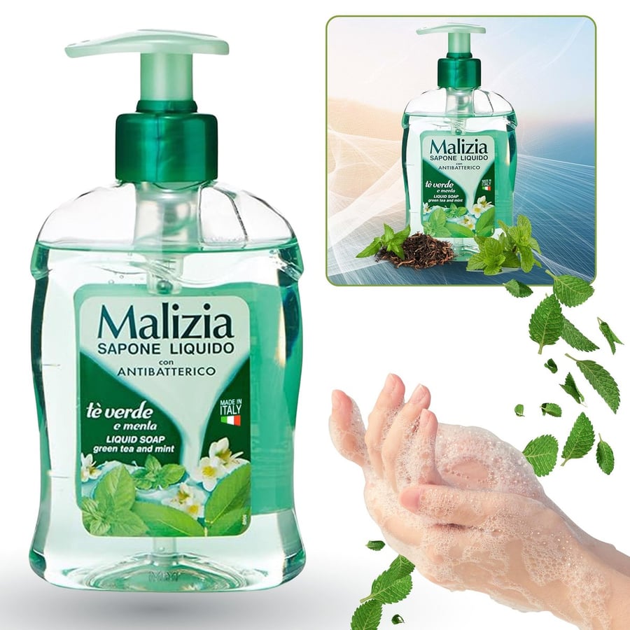 Malizia, жидкое мыло, с дозатором - Зеленый чай и мята, 300 мл
Malizia, жидкое мыло, с дозатором - Зеленый чай и мята, 300 мл