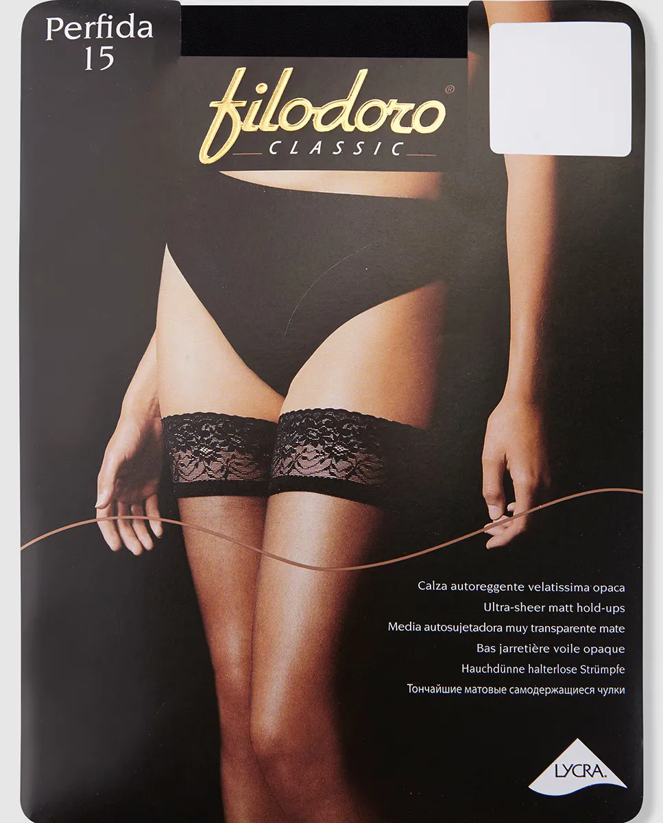 Женские прозрачные самонесущие чулки Filodoro плотностью 15 ден, черный 
Женские прозрачные самонесущие чулки Filodoro плотностью 15 ден, черный