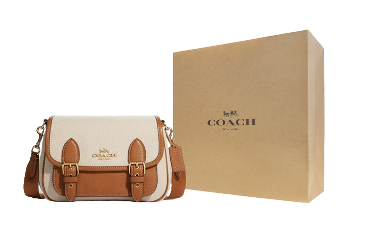 COACH Люси Тканевая сумка через плечо с кожаной вставкой малый размер женская бежевая и коричневая 
COACH Люси Тканевая сумка через плечо с кожаной вставкой малый размер женская бежевая и коричневая