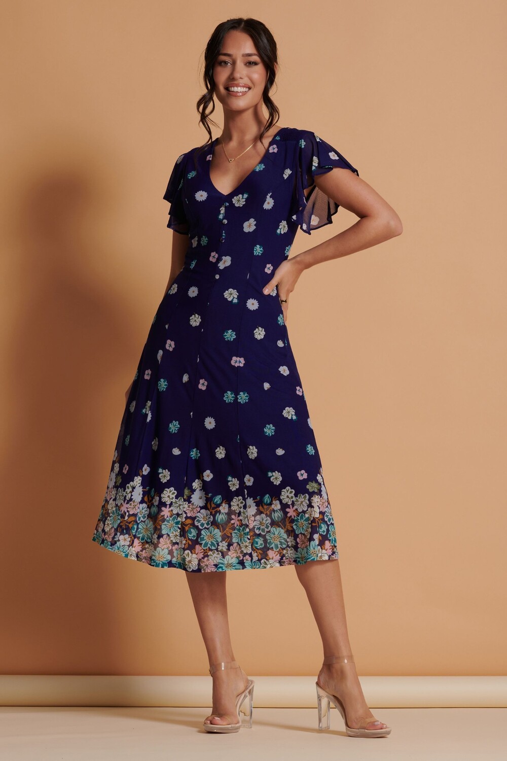 Расклешенное платье миди из сетки с зеркальным принтом Jolie Moi, синий 
Расклешенное платье миди из сетки с зеркальным принтом Jolie Moi, синий