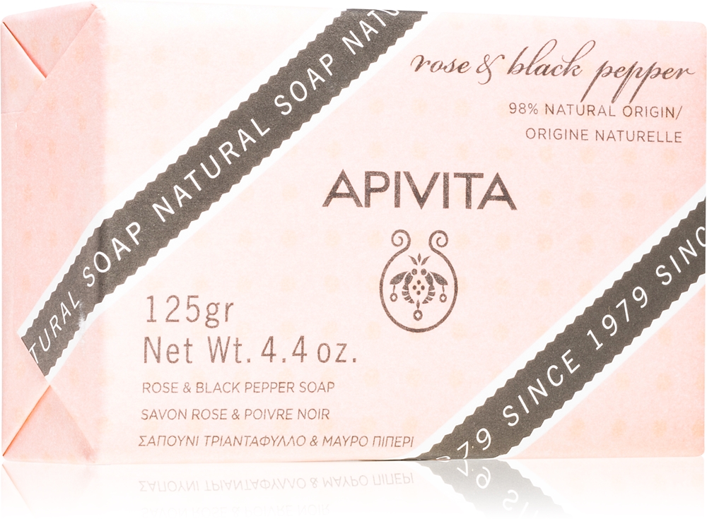 Натуральное очищающее мыло с розой и черным перцем Apivita, 125 гр
Натуральное очищающее мыло с розой и черным перцем Apivita, 125 гр