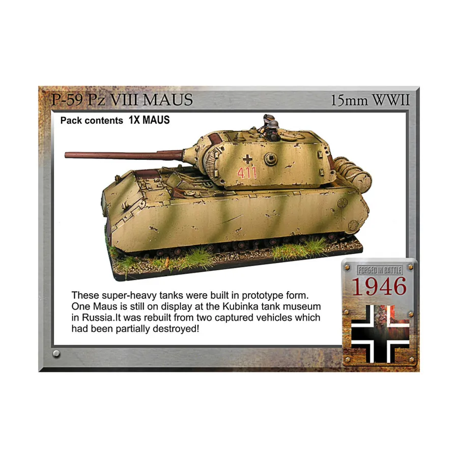 Pz.VIII Maus 12,8см/7,5см, WWII Miniatures - German Vehicles (15mm)
Pz.VIII Maus 12,8см/7,5см, WWII Miniatures - German Vehicles (15mm)