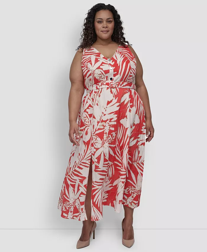 Платье больших размеров с V-образным вырезом и поясом без рукавов DKNY, оранжевый 
Платье больших размеров с V-образным вырезом и поясом без рукавов DKNY, оранжевый