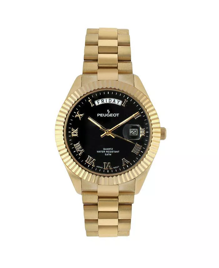Мужские часы с черным циферблатом 40 мм, золотым рифленым безелем и браслетом Peugeot
Мужские часы с черным циферблатом 40 мм, золотым рифленым безелем и браслетом Peugeot