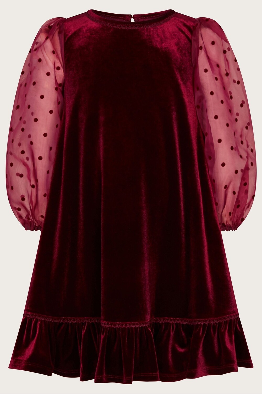 Платье Noa из органзы с узором в горошек и бархатными рукавами Monsoon, красный