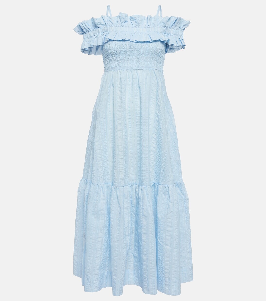 Платье макси с открытыми плечами и рюшами GANNI, синий
Платье макси с открытыми плечами и рюшами GANNI, синий