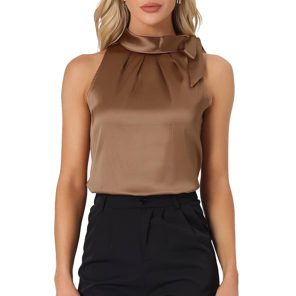 Женская элегантная атласная однотонная рабочая блузка без рукавов с галстуком-бабочкой и воротником-стойкой ALLEGRA K, коричневый
Женская элегантная атласная однотонная рабочая блузка без рукавов с галстуком-бабочкой и воротником-стойкой ALLEGRA K, коричневый