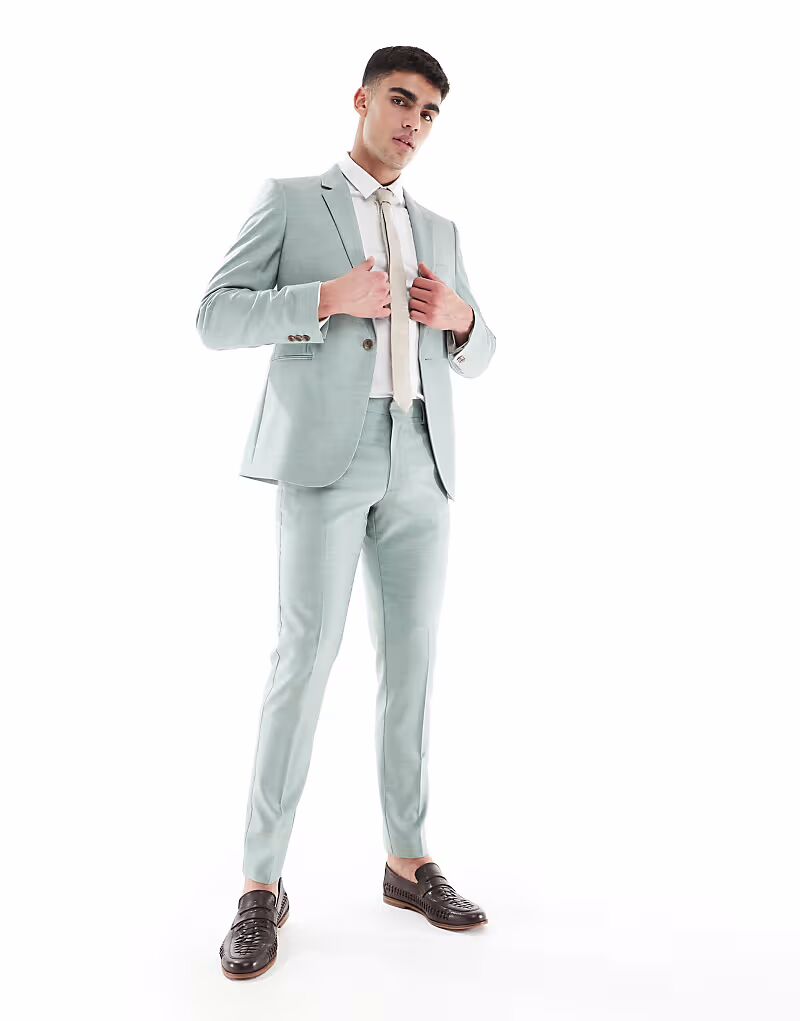 Узкие брюки для свадебного костюма из зеленой фактуры Asos Design
Узкие брюки для свадебного костюма из зеленой фактуры Asos Design