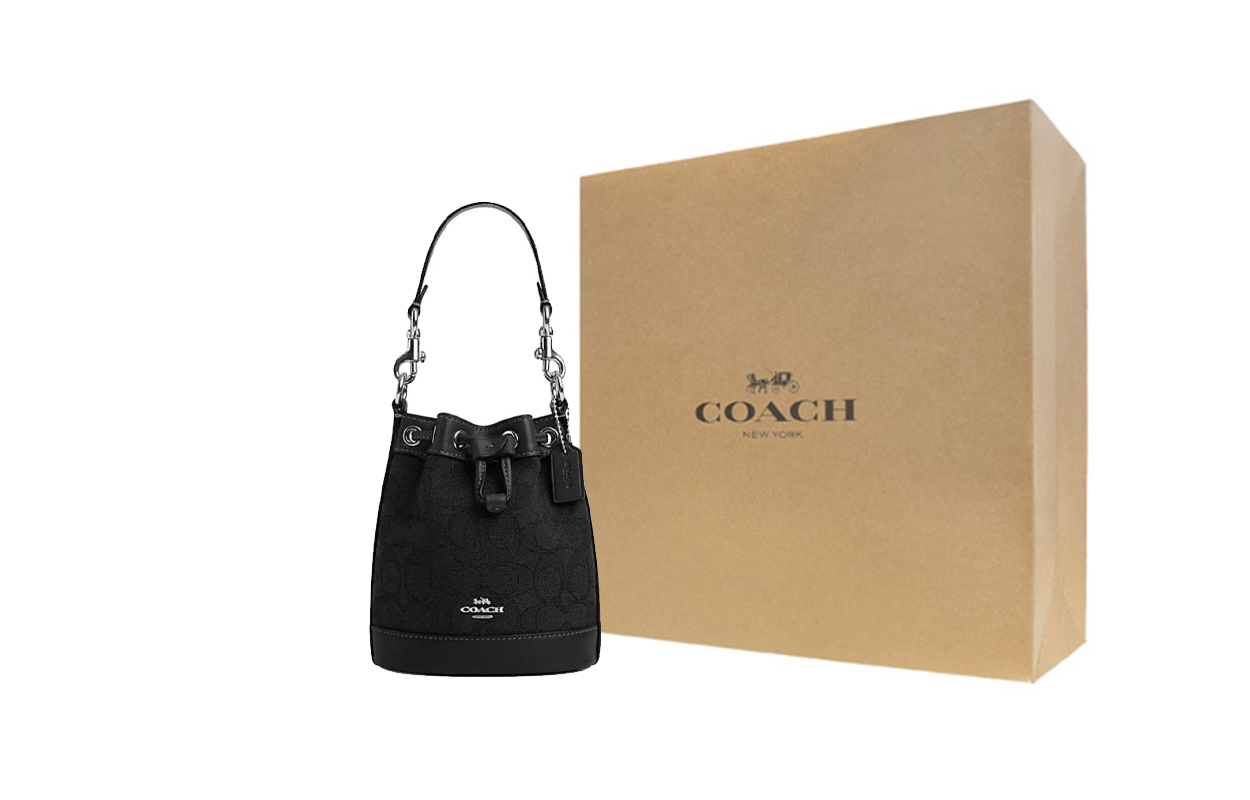 COACH Сумка-ведро из ткани с кожаными вставками Миниатюрная женская сумка через плечо или на пояс с серебряной фурнитурой и черным цветом
COACH Сумка-ведро из ткани с кожаными вставками Миниатюрная женская сумка через плечо или на пояс с серебряной фурнитурой и черным цветом