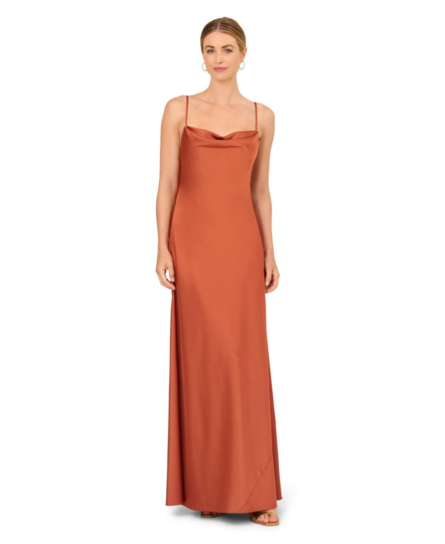 Женское атласное длинное платье А-силуэта с воротником-хомутом и без рукавов Adrianna, Terracotta
Женское атласное длинное платье А-силуэта с воротником-хомутом и без рукавов Adrianna, Terracotta