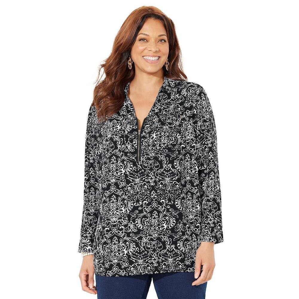 Женская туника размера плюс Breezeway с молнией до половины длины Catherines, цвет Black White Scroll 
Женская туника размера плюс Breezeway с молнией до половины длины Catherines, цвет Black White Scroll