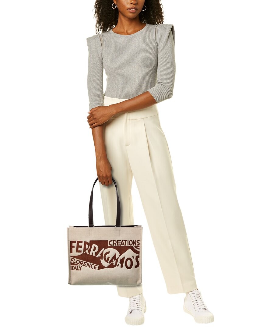 Сумка-тоут Ferragamo среднего размера из ткани и кожи с логотипом Salvatore Ferragamo, коричневый