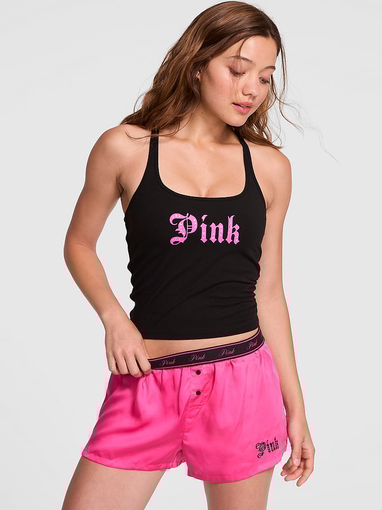 Шелковые свободные пижамные шорты для сна Pink, lyocell carmine rose w black bling logo
Шелковые свободные пижамные шорты для сна Pink, lyocell carmine rose w black bling logo