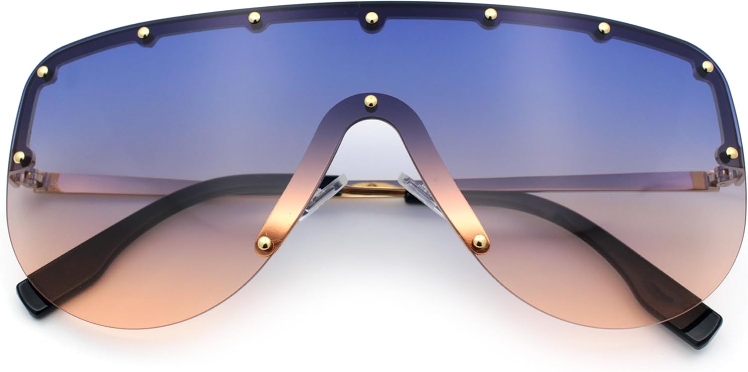 SA106 Металлические заклепки, плоская верхняя часть, полуободковая оправа, безободковые солнцезащитные очки-щиток, увеличенного размера, в стиле «гоночные очки», Gold - Navy Peach
SA106 Металлические заклепки, плоская верхняя часть, полуободковая оправа, безободковые солнцезащитные очки-щиток, увеличенного размера, в стиле «гоночные очки», Gold - Navy Peach
