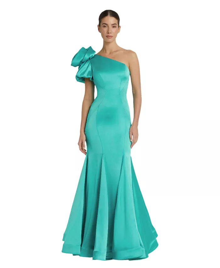 Женское атласное платье-бюстье с открытыми плечами силуэта «русалка» Mac Duggal, синий 
Женское атласное платье-бюстье с открытыми плечами силуэта «русалка» Mac Duggal, синий