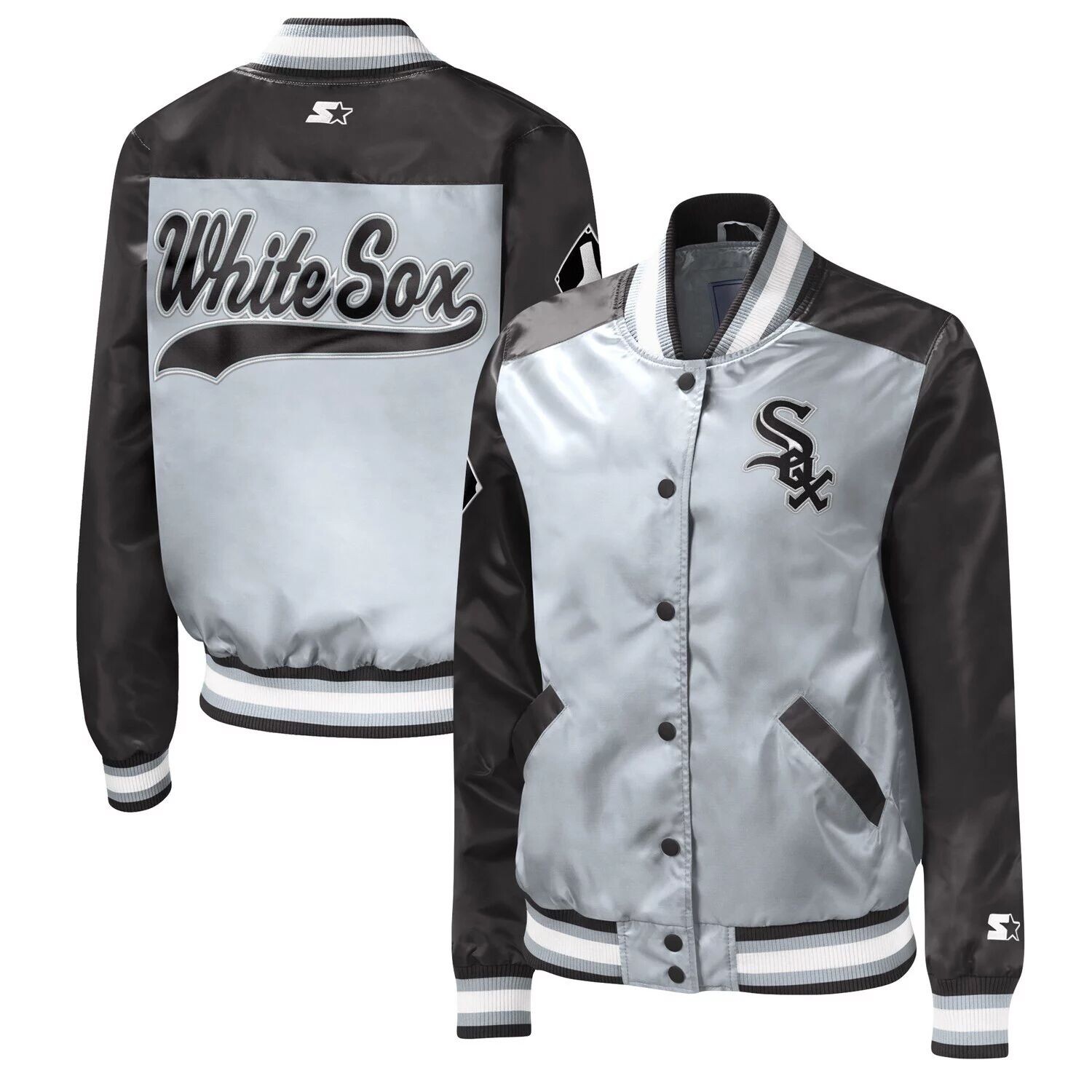 Женская стартовая куртка на кнопках Chicago White Sox серебристого цвета The Legend Starter
Женская стартовая куртка на кнопках Chicago White Sox серебристого цвета The Legend Starter